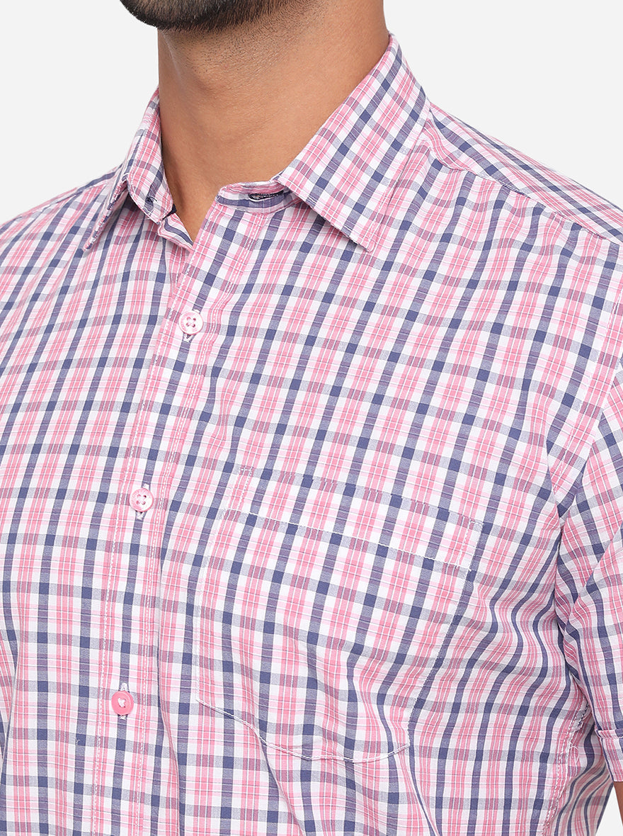 Rose Pink Checked Slim Fit Semi Casual Shirt | Pehervi