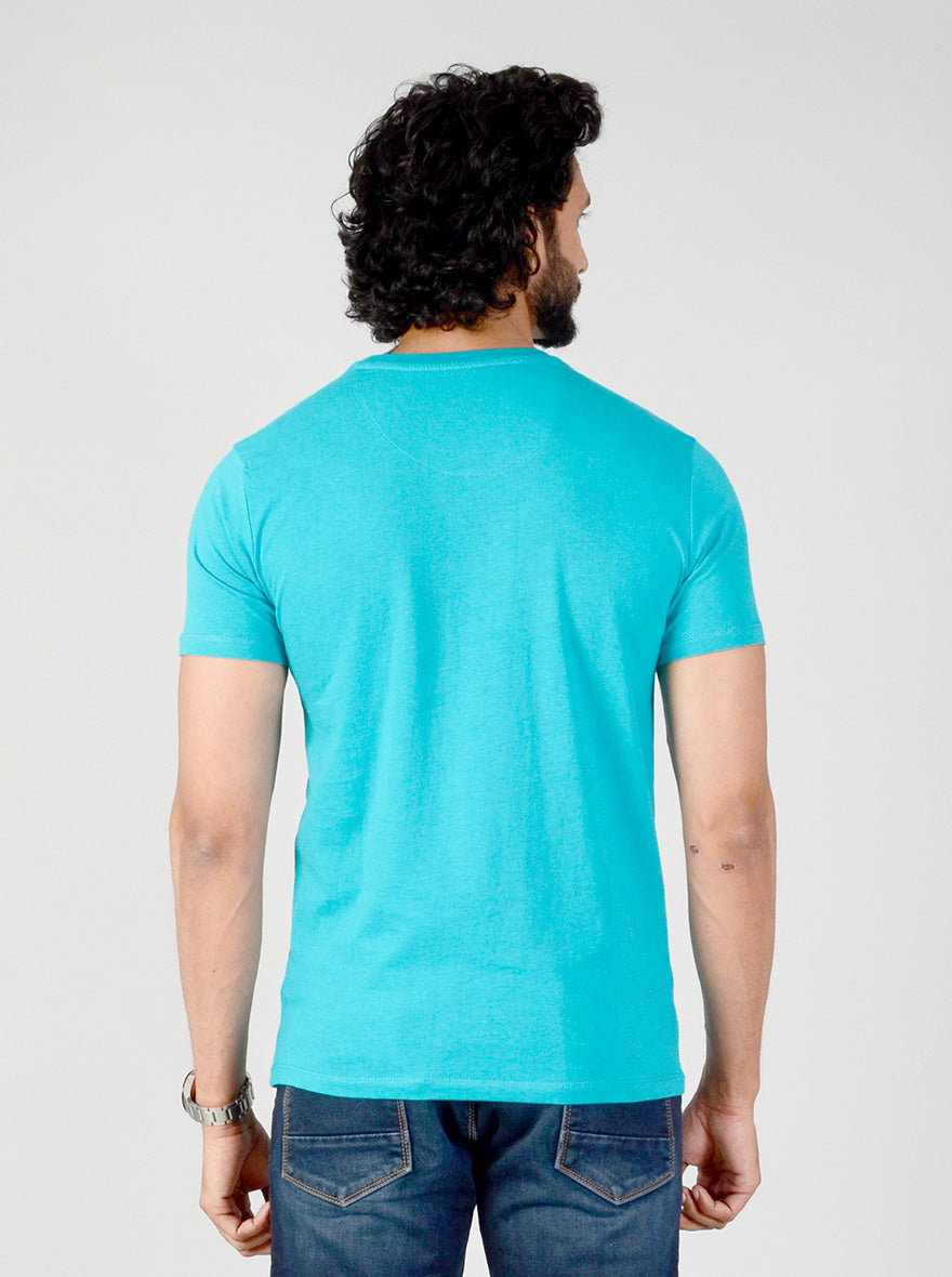 Turquoise Blue Printed Slim Fit T-shirt | pehervi