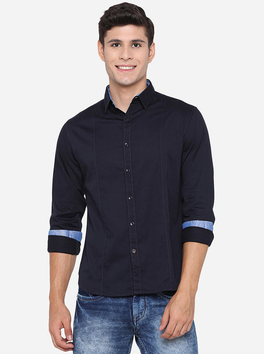 Dark Blue Solid Slim Fit Semi Casual Shirt | Pehervi