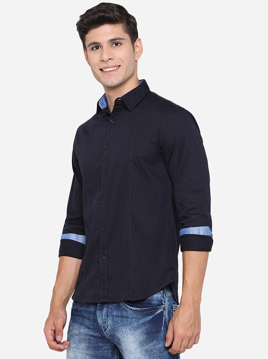 Dark Blue Solid Slim Fit Semi Casual Shirt | Pehervi