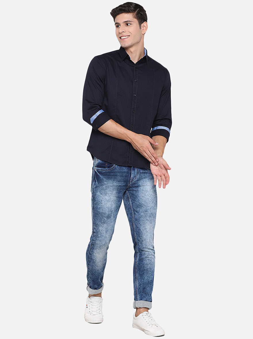 Dark Blue Solid Slim Fit Semi Casual Shirt | Pehervi