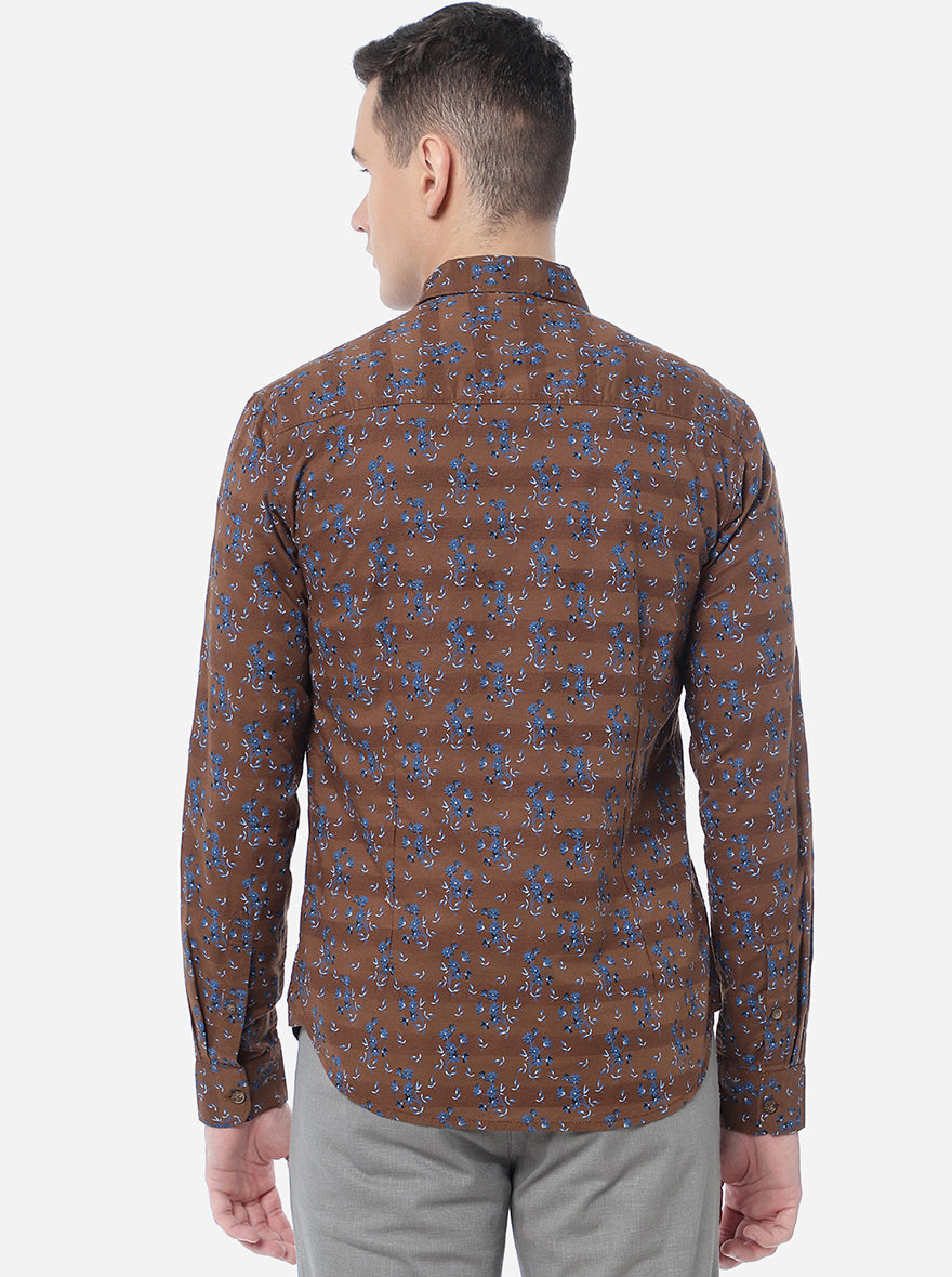 Coffee Brown Printed Slim Fit Semi Casual Shirt | Pehervi