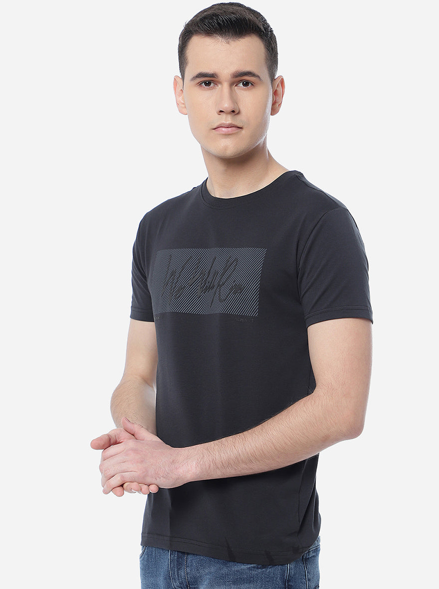 Dark Grey Printed Slim Fit T-Shirt | pehervi
