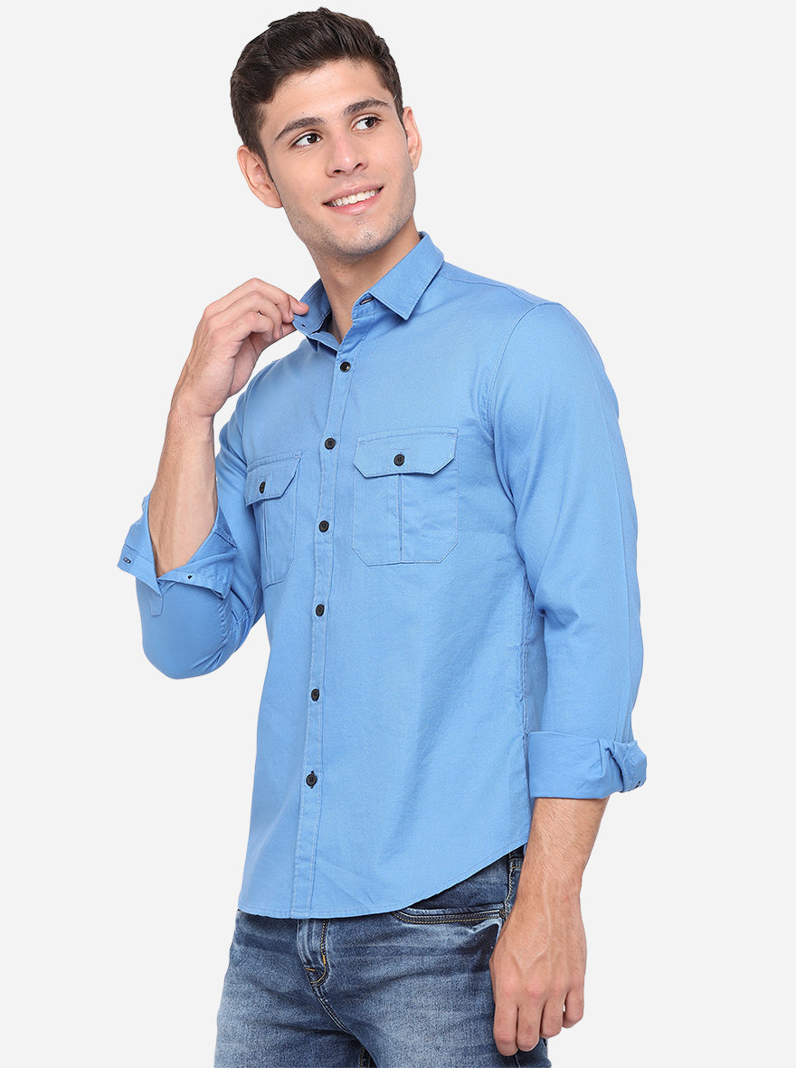 Campanula Blue Solid Slim Fit Semi Casual Shirt | Pehervi