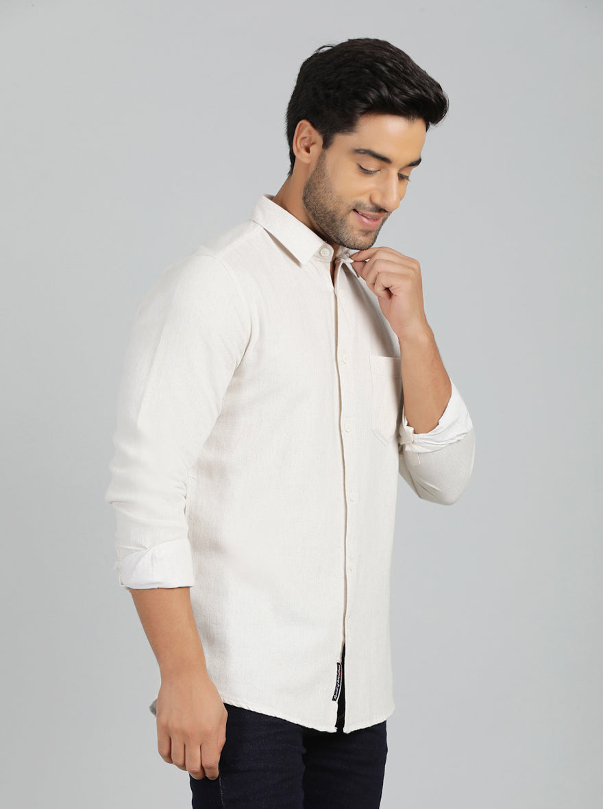 Cream Solid Slim Fit Casual Shirt | pehervi