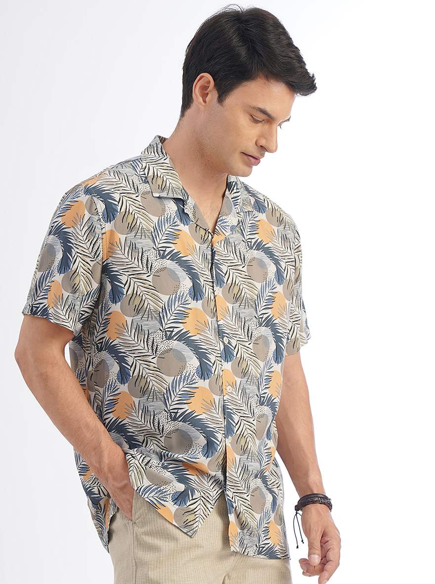 Cream Printed Slim Fit Casual Shirt | pehervi