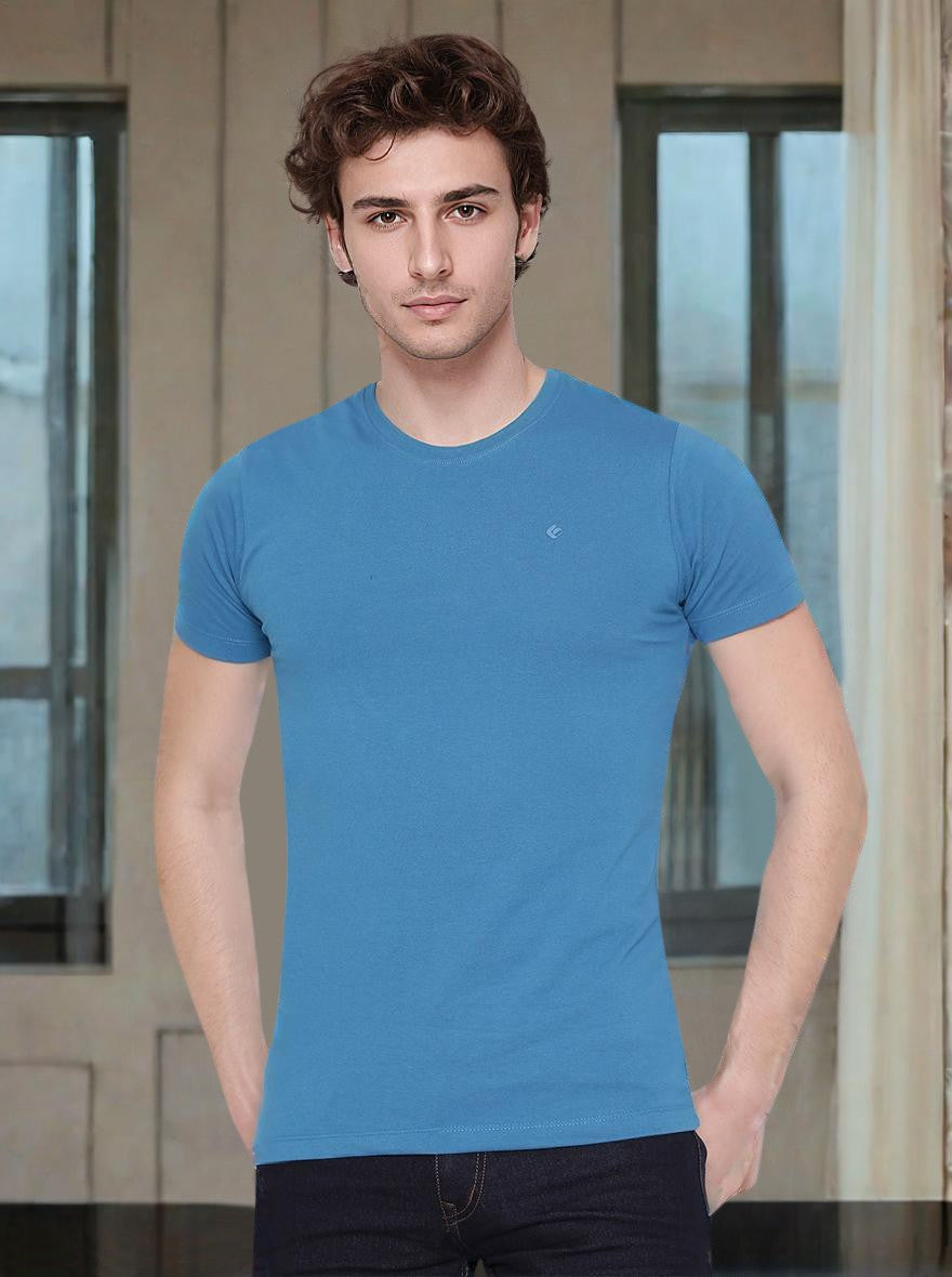 Seaport Blue Solid Slim Fit T-Shirt | pehervi