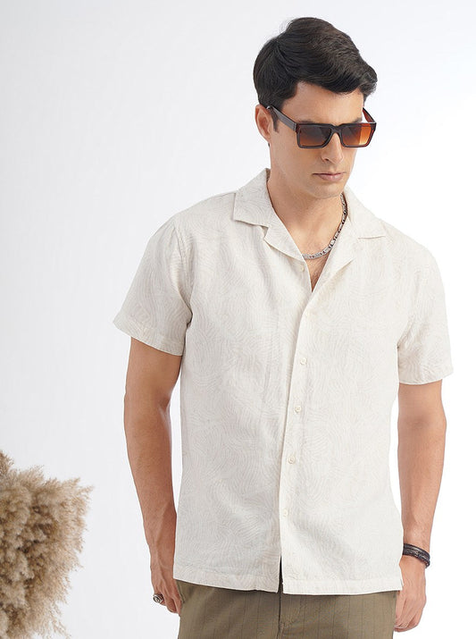 Beige Printed Slim Fit Casual Shirt | pehervi
