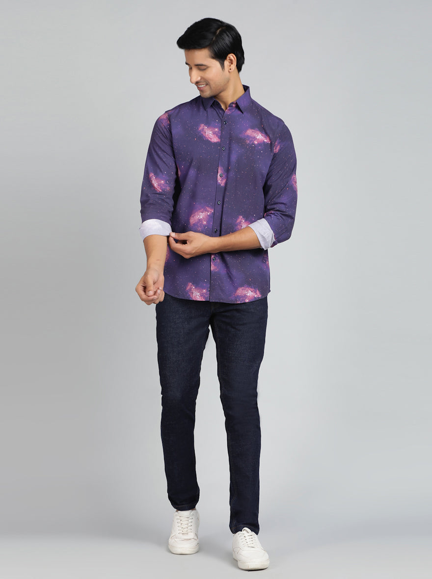 Purple Printed Slim Fit Casual Shirt | pehervi