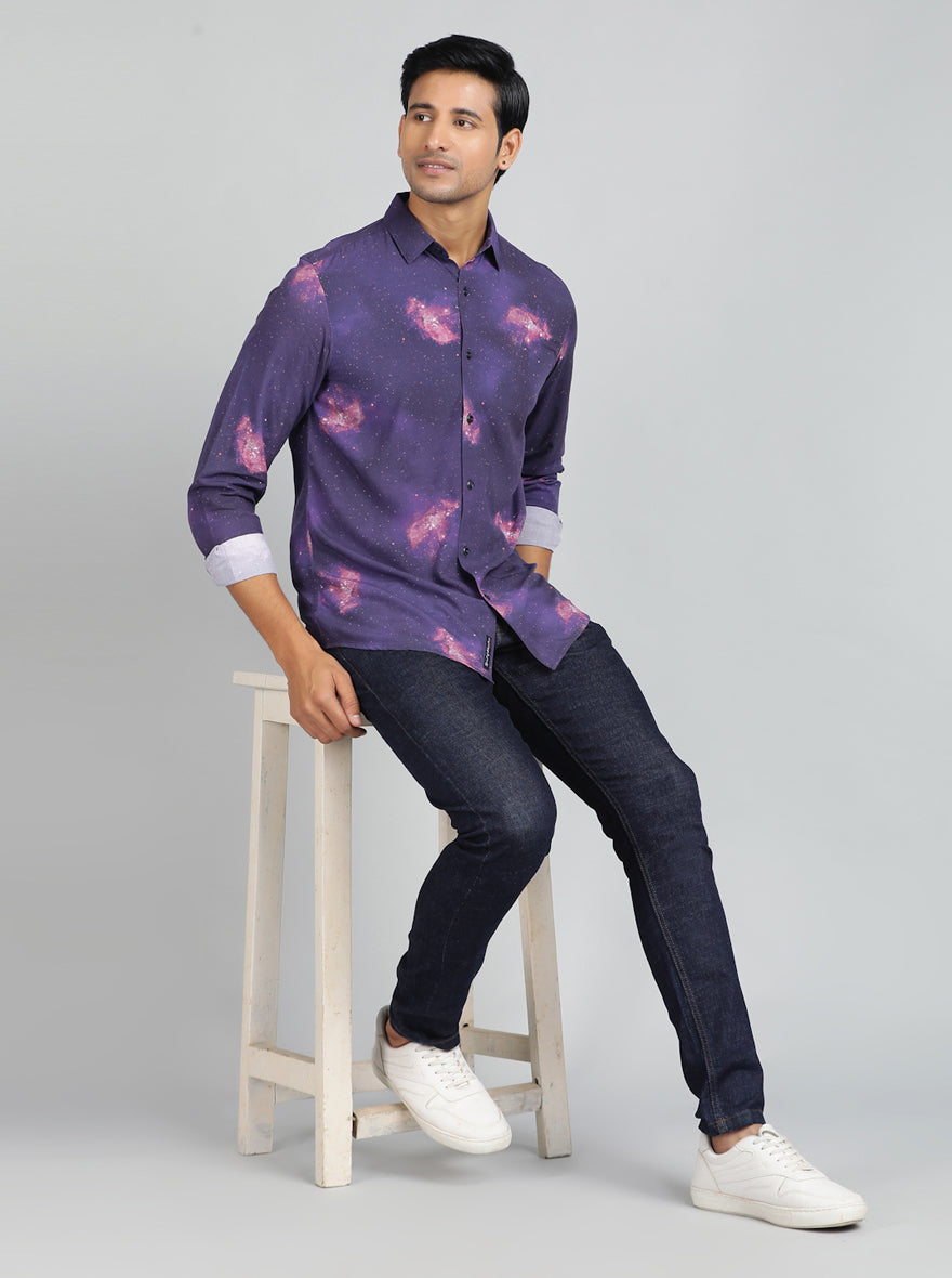 Purple Printed Slim Fit Casual Shirt | pehervi