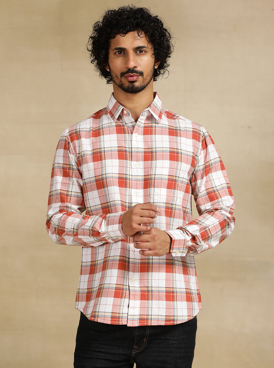 Red Checked Slim Fit Casual Shirt | pehervi