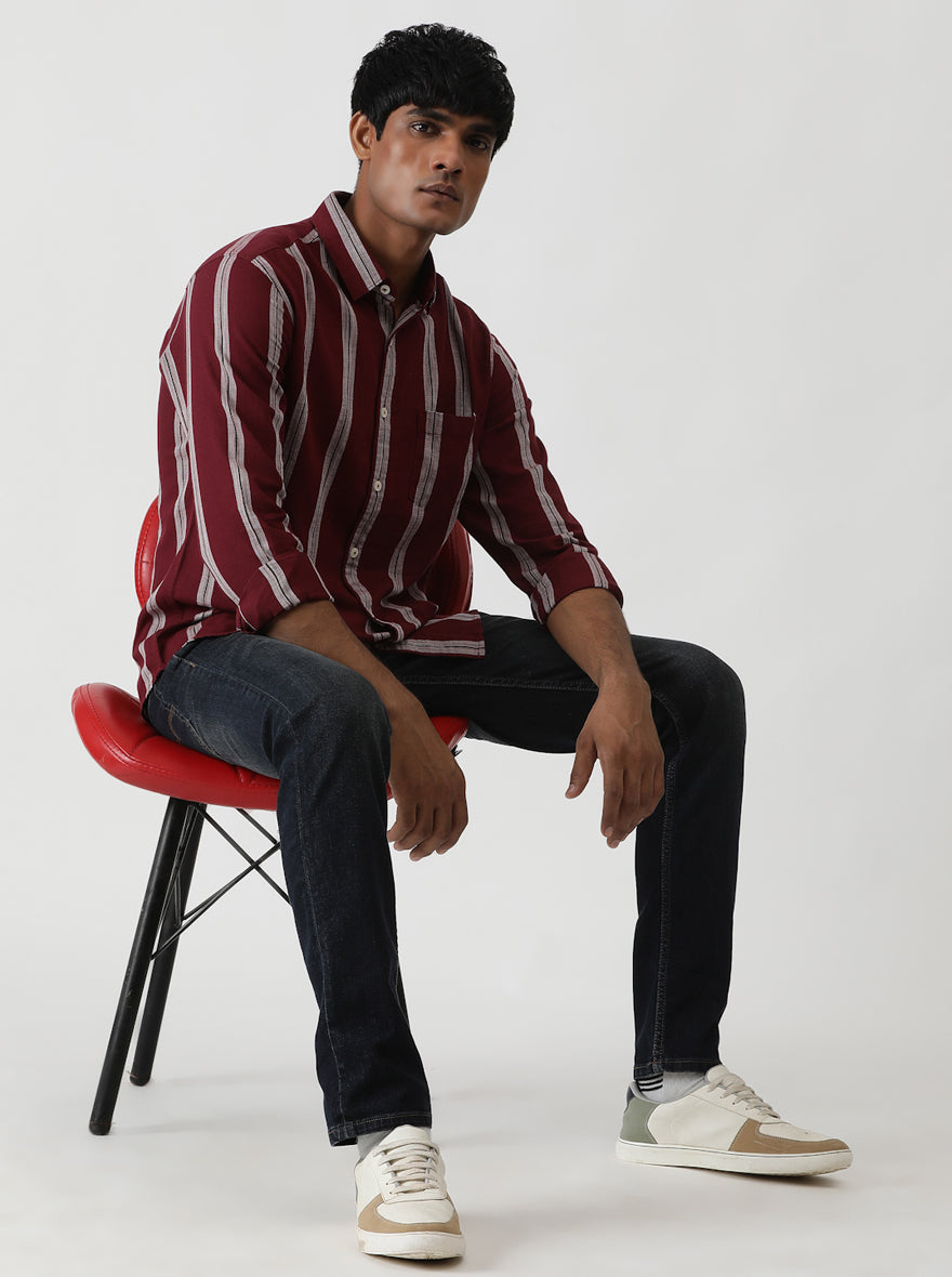 Wine Striped Slim Fit Casual Shirt | pehervi