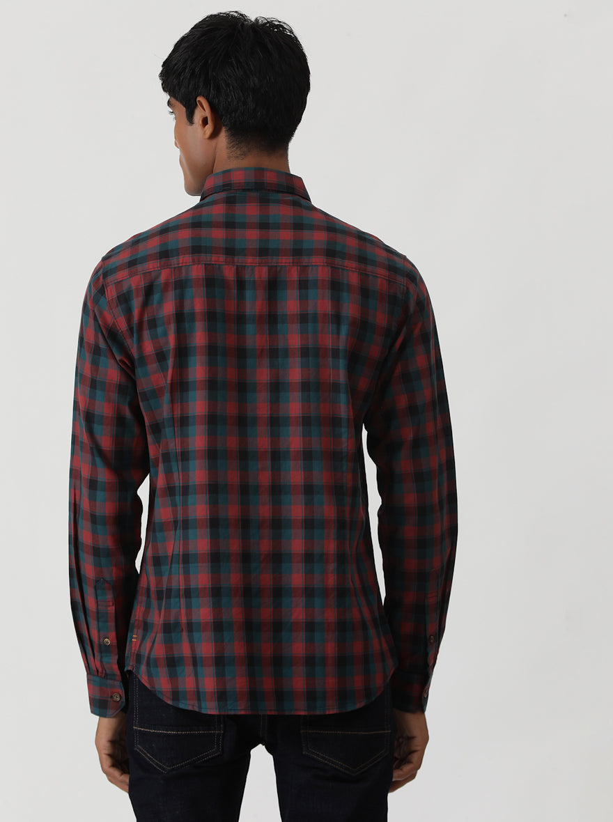 Red Checked Slim Fit Casual Shirt | pehervi