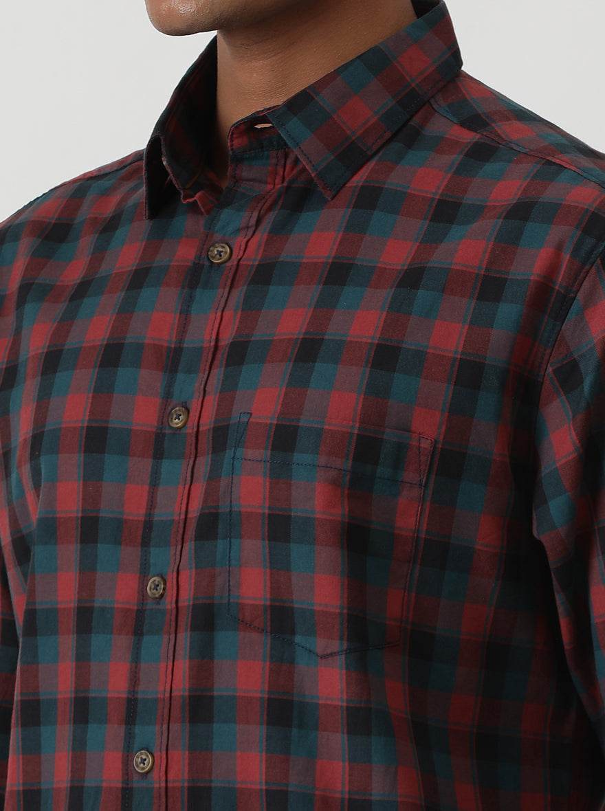 Red Checked Slim Fit Casual Shirt | pehervi