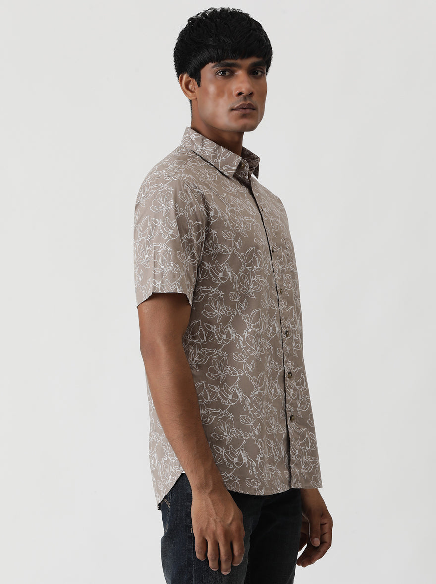 Brown Printed Slim Fit Casual Shirt | pehervi