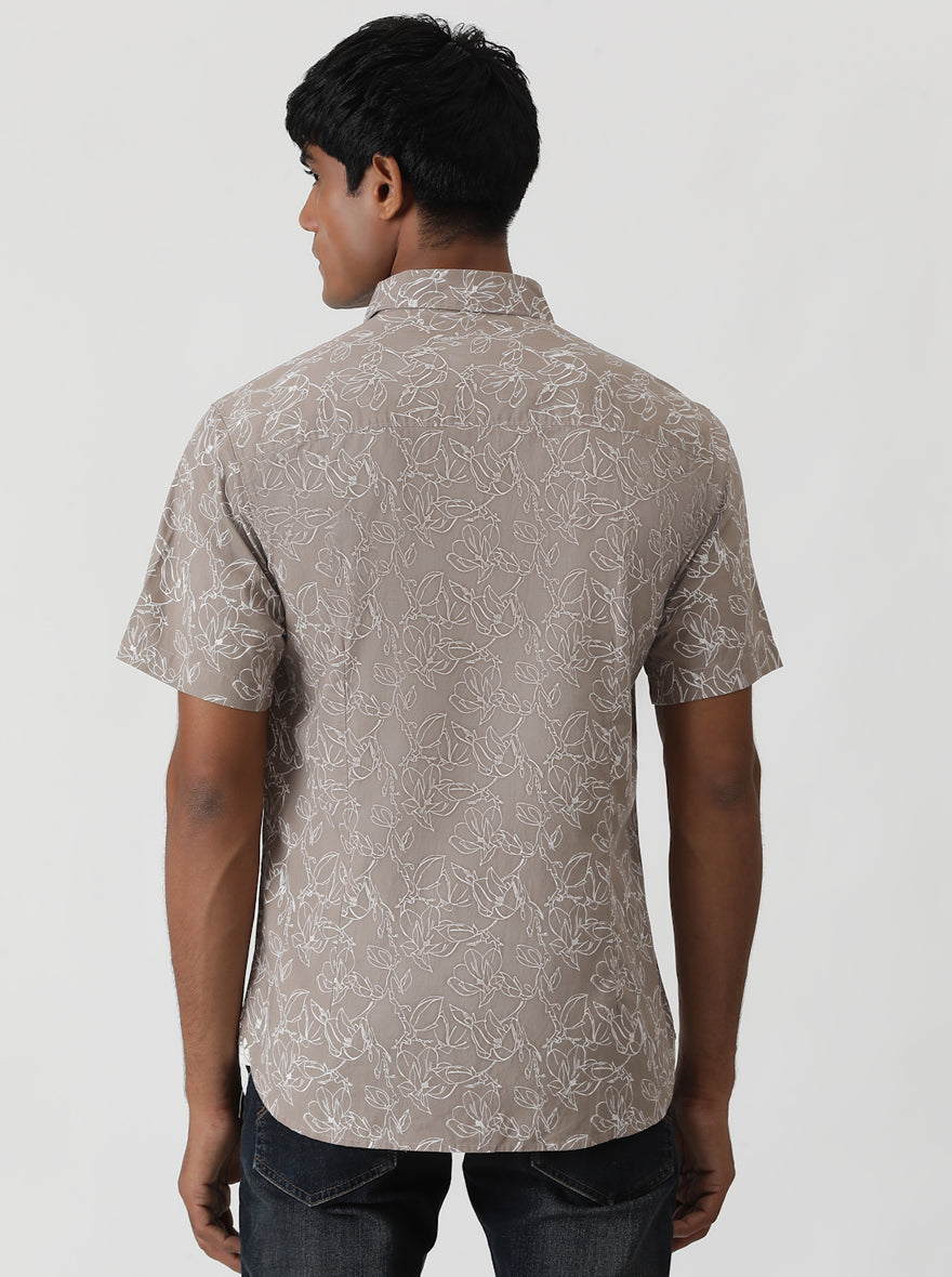 Brown Printed Slim Fit Casual Shirt | pehervi