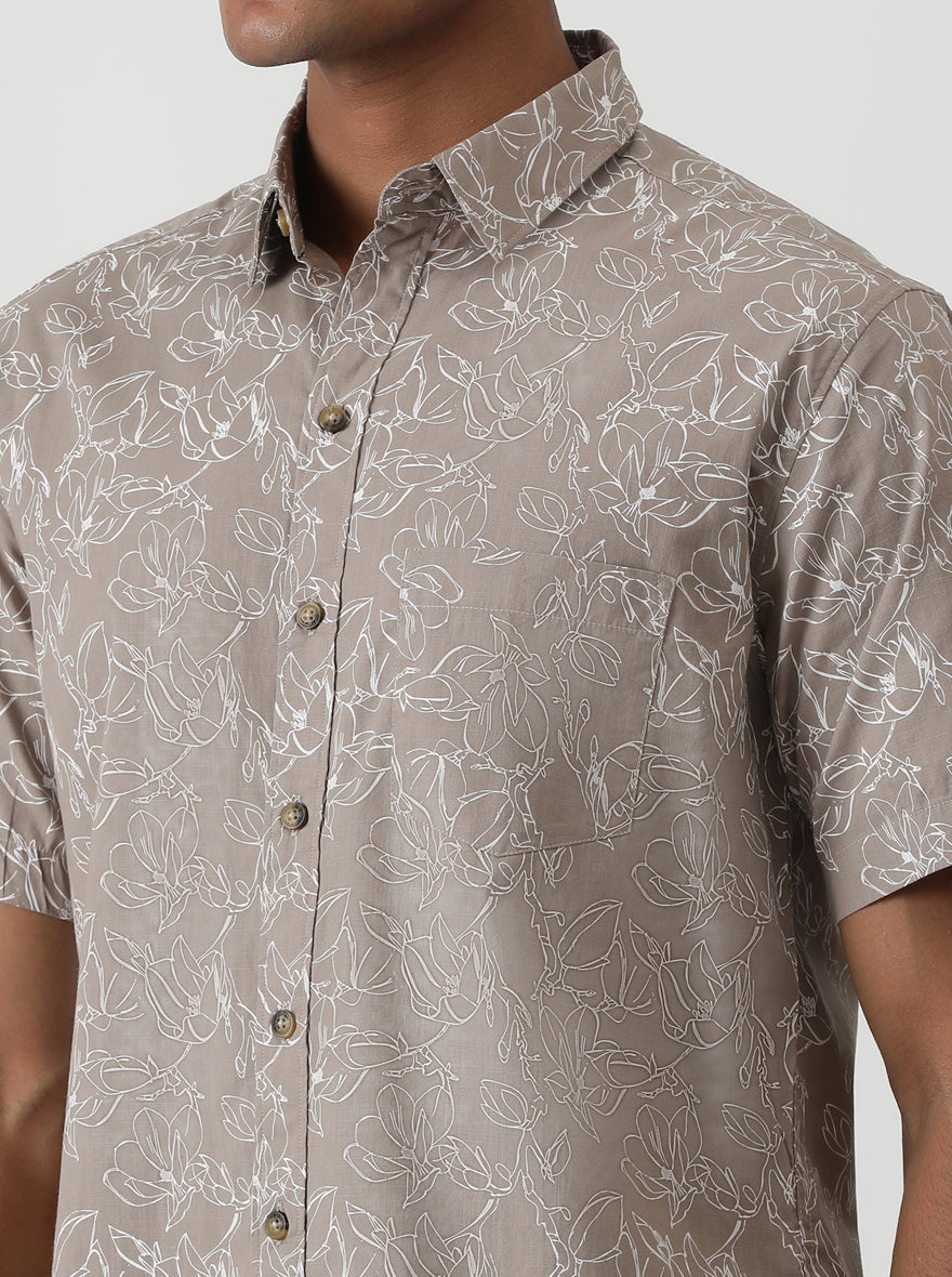 Brown Printed Slim Fit Casual Shirt | pehervi