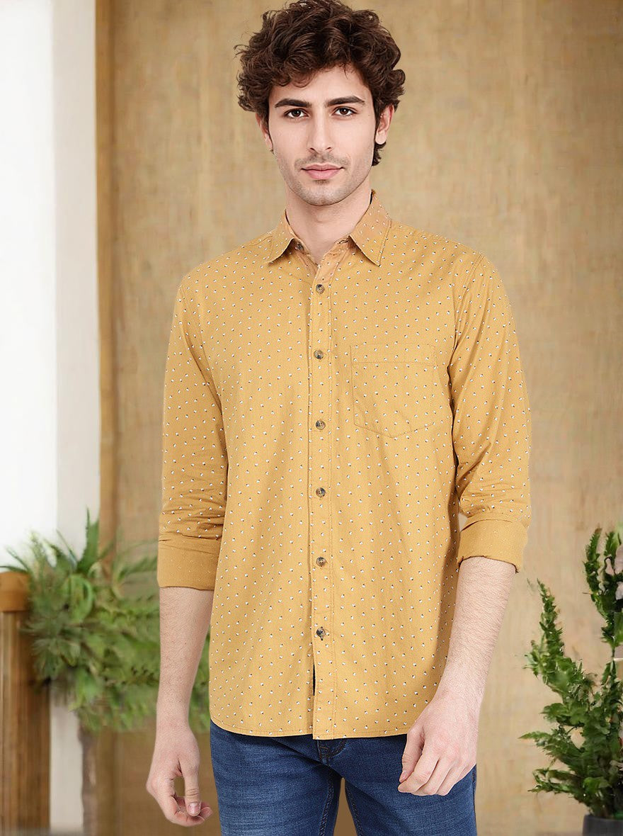 Oscar Yellow Printed Slim Fit Semi Casual Shirt | Pehervi