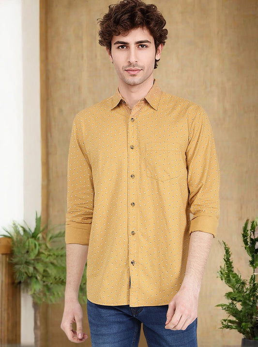 Oscar Yellow Printed Slim Fit Semi Casual Shirt | Pehervi