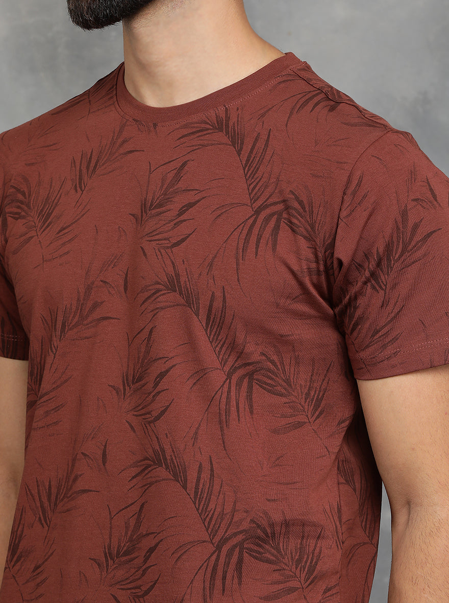 Brown Printed Slim Fit T-Shirt | pehervi