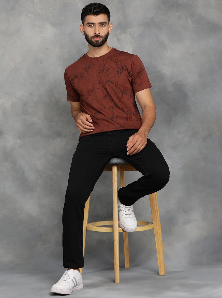 Brown Printed Slim Fit T-Shirt | pehervi