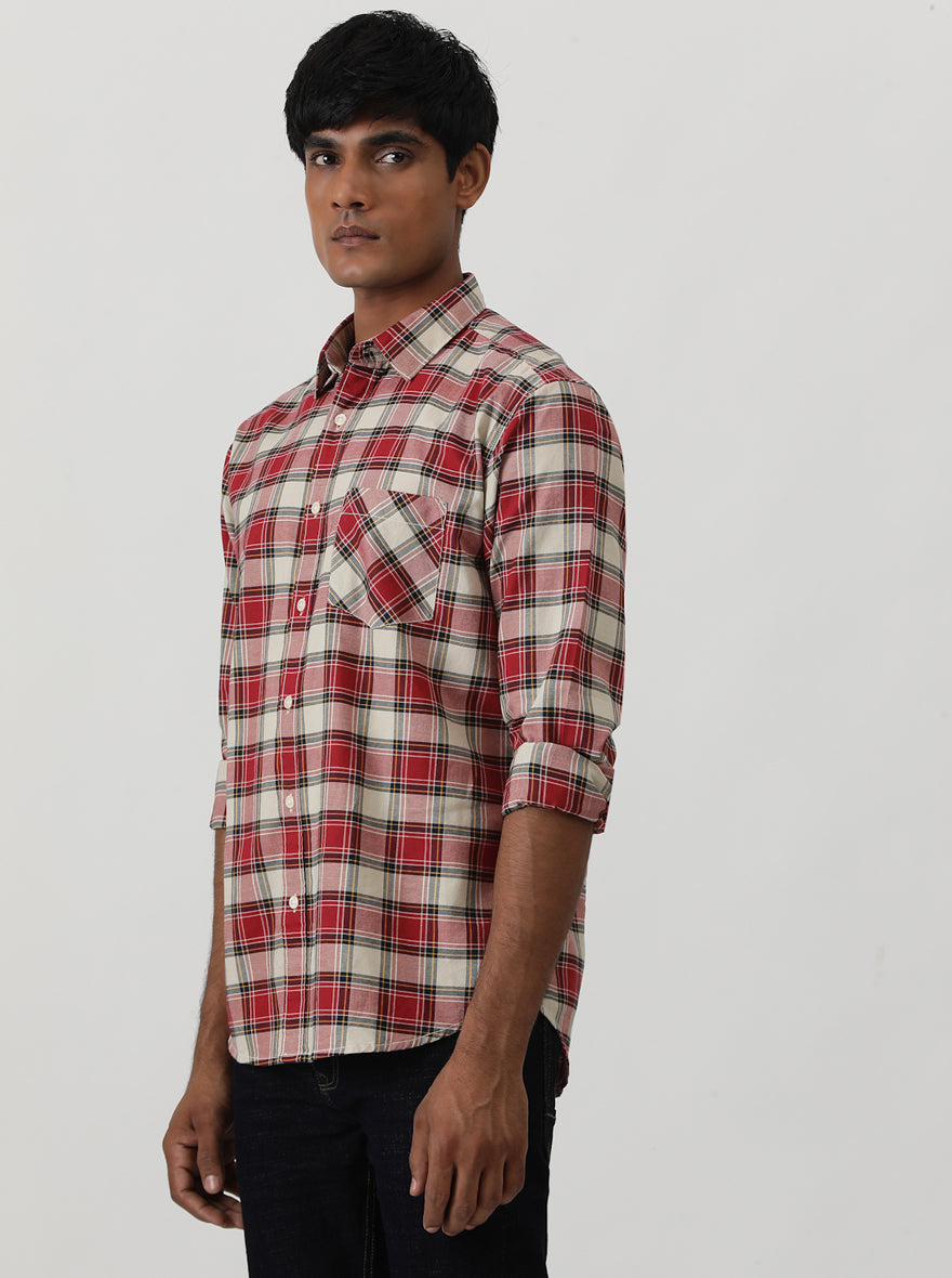 Red Checked Slim Fit Casual Shirt | pehervi