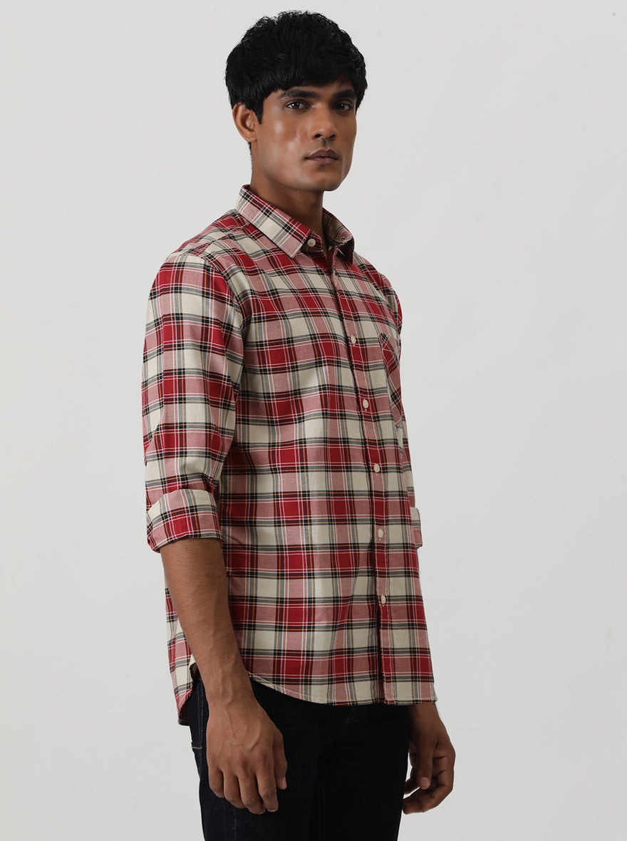 Red Checked Slim Fit Casual Shirt | pehervi