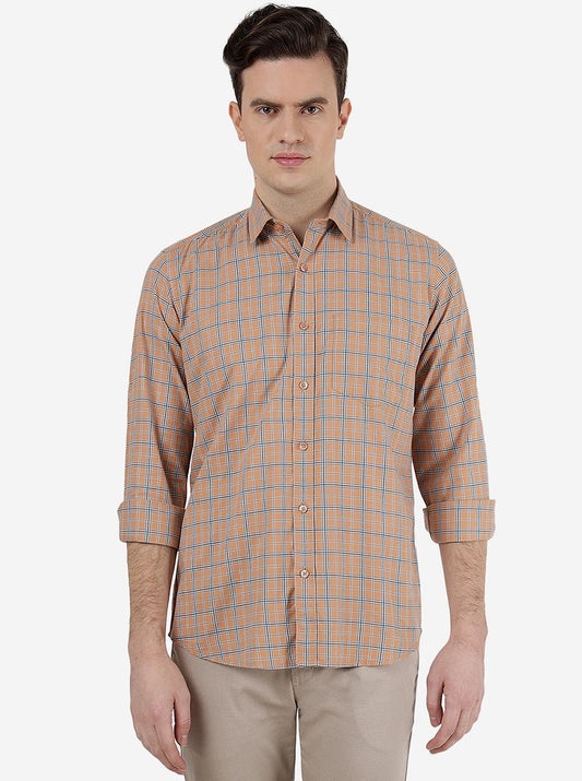 Orange Checked Slim Fit Semi Casual Shirt | Pehervi
