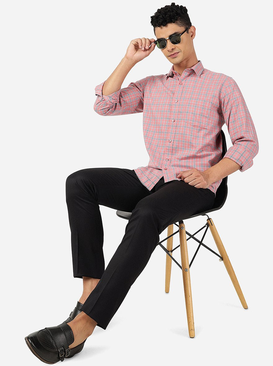 Rose Pink Checked Slim Fit Semi Casual Shirt | Pehervi