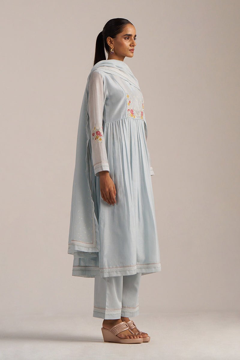 Chalk Blue Mal Chanderi Embroidered Kurta Set