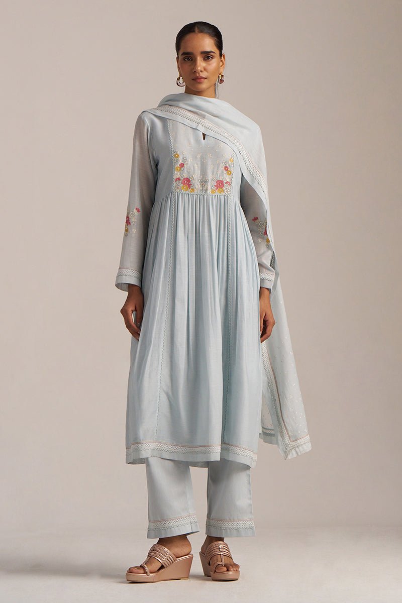 Chalk Blue Mal Chanderi Embroidered Kurta Set