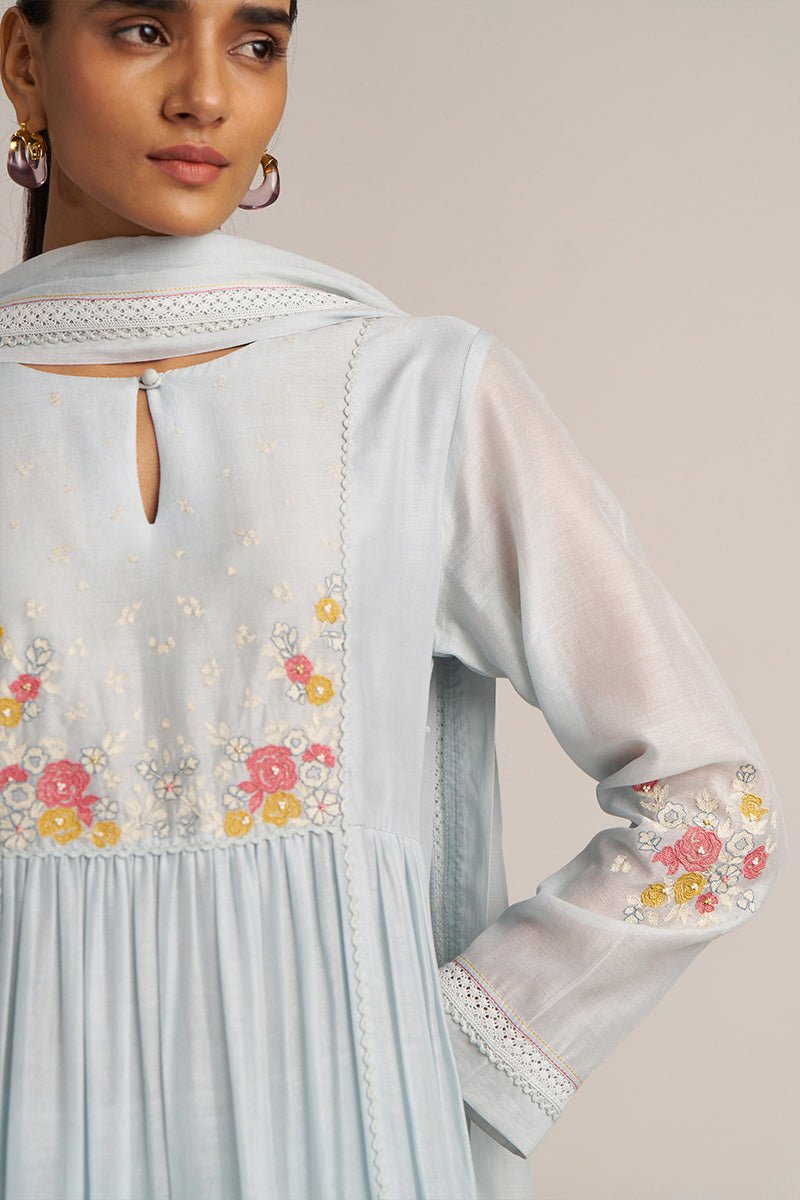 Chalk Blue Mal Chanderi Embroidered Kurta Set