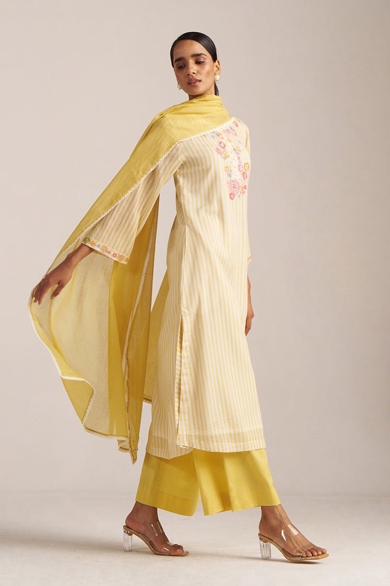 Cream-Gold Stripe and Floral kurta Set