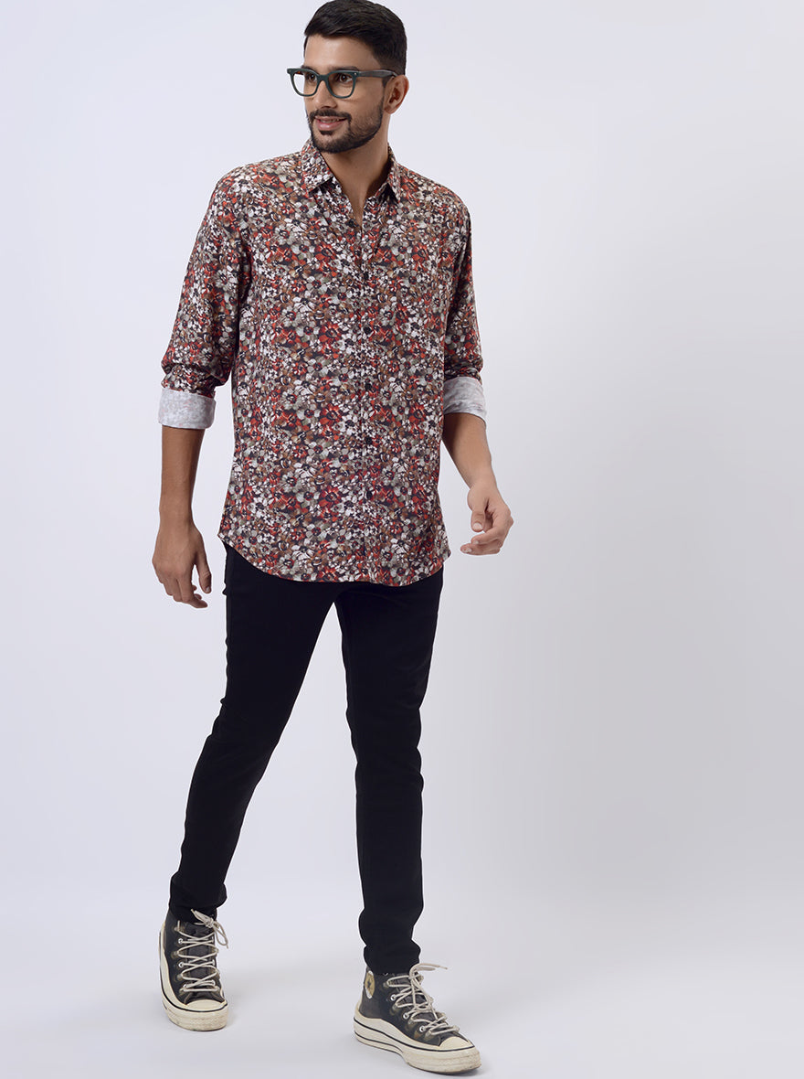 Rust Printed Slim Fit Casual Shirt | pehervi