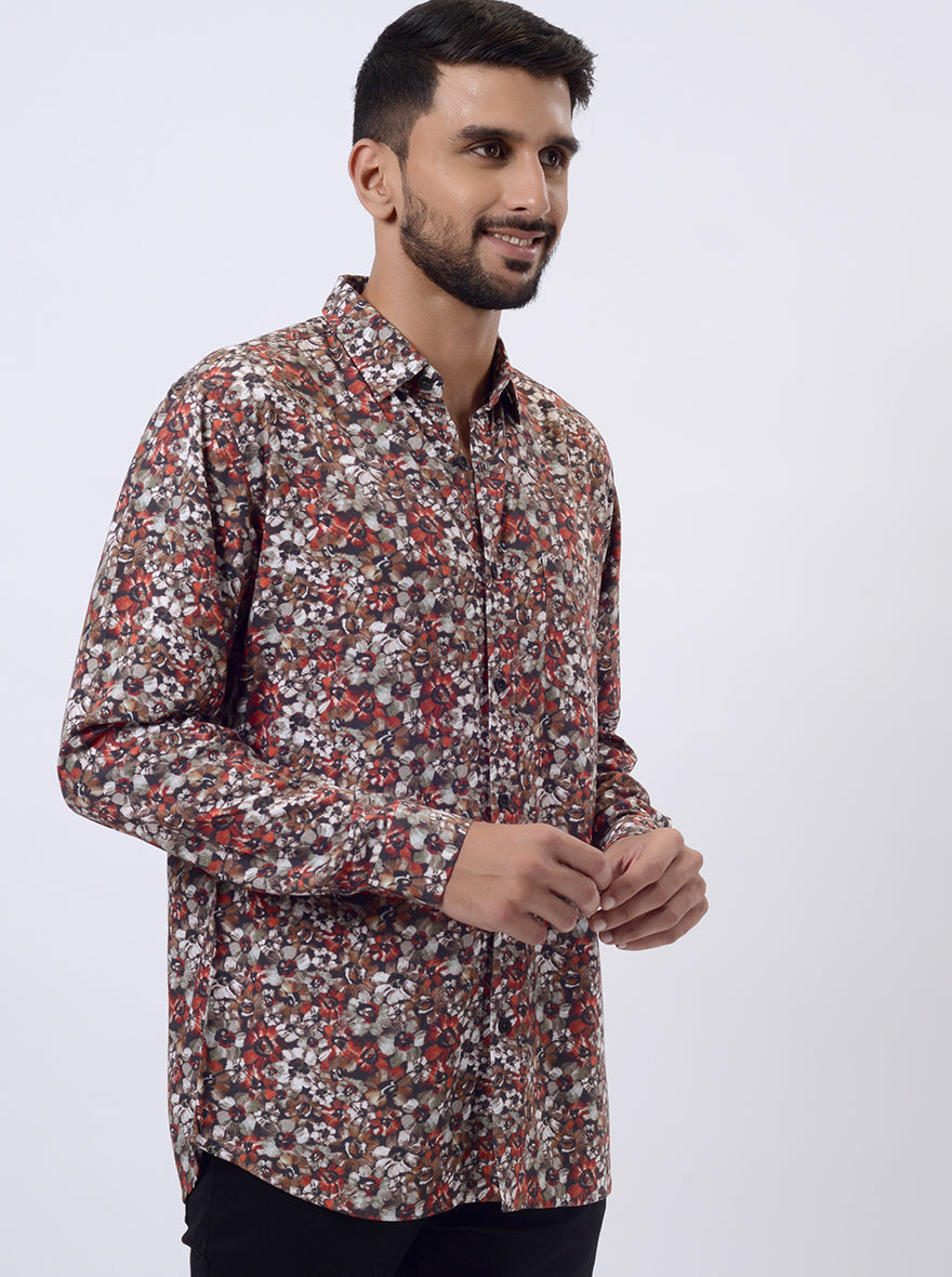 Rust Printed Slim Fit Casual Shirt | pehervi