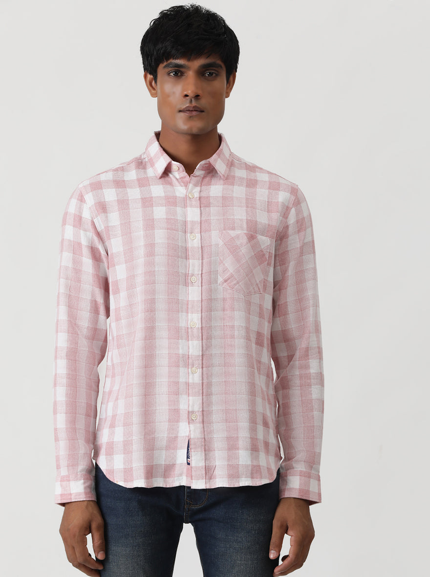Pink Checked Slim Fit Casual Shirt | pehervi