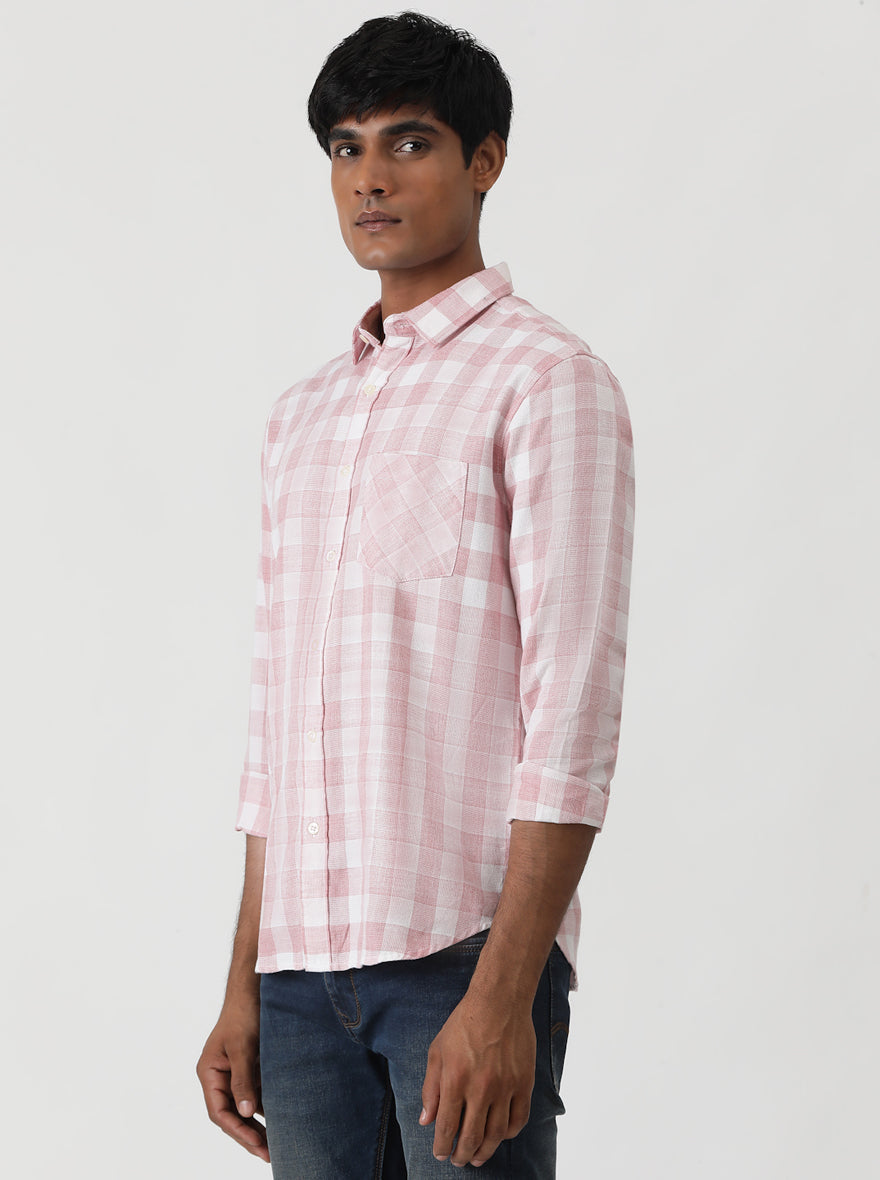 Pink Checked Slim Fit Casual Shirt | pehervi