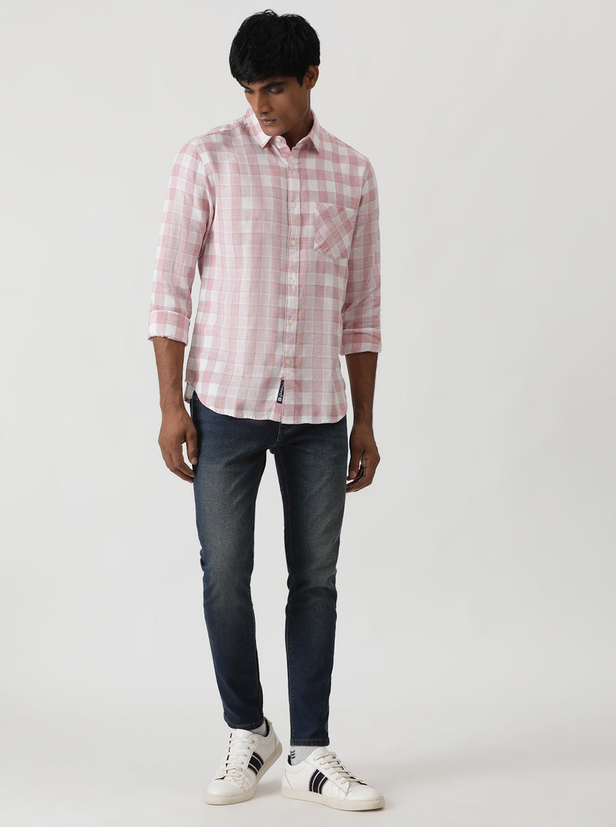 Pink Checked Slim Fit Casual Shirt | pehervi