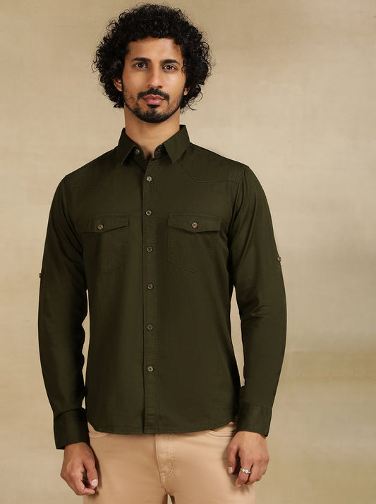 Olive Green Solid Slim Fit Casual Shirt | pehervi
