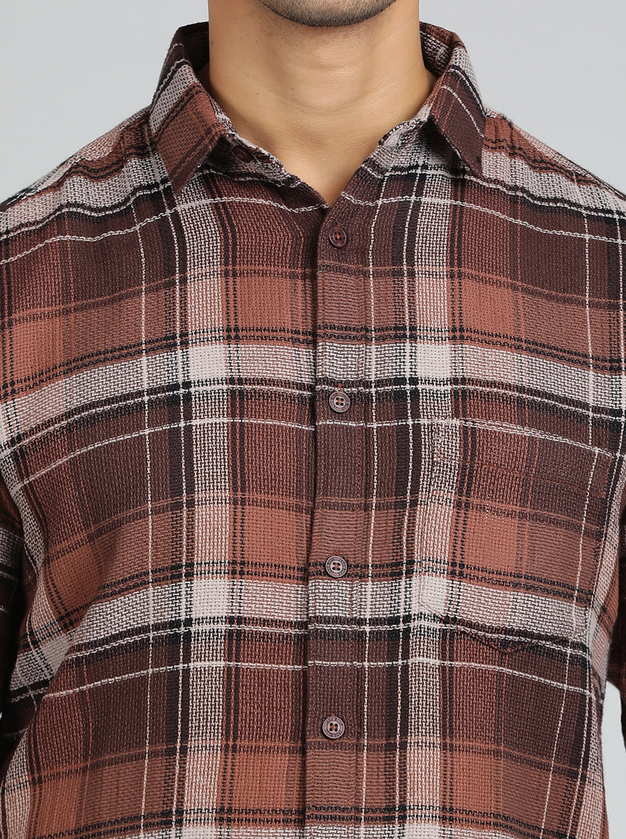Brown Checked Slim Fit Casual Shirt | pehervi