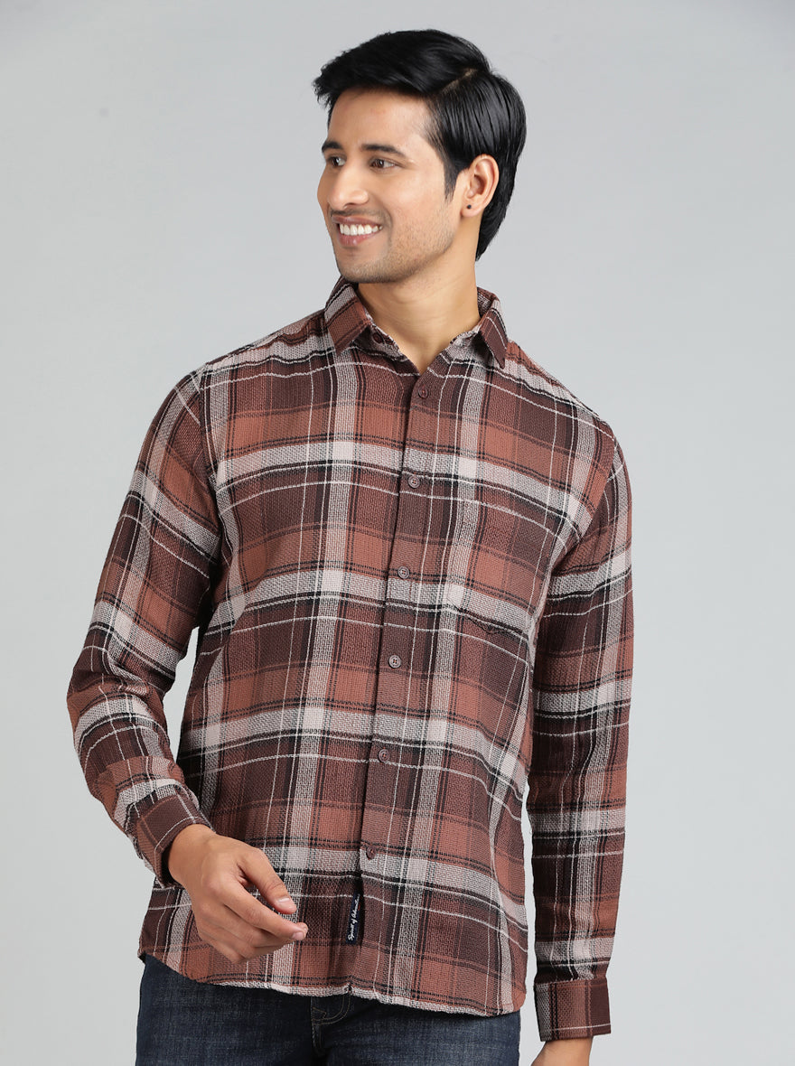 Brown Checked Slim Fit Casual Shirt | pehervi