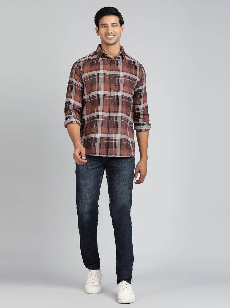 Brown Checked Slim Fit Casual Shirt | pehervi