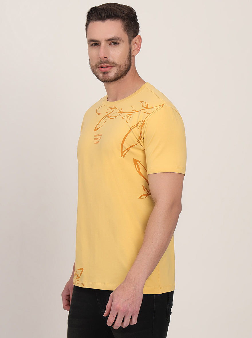 Yellow Printed Slim Fit T-Shirt | pehervi