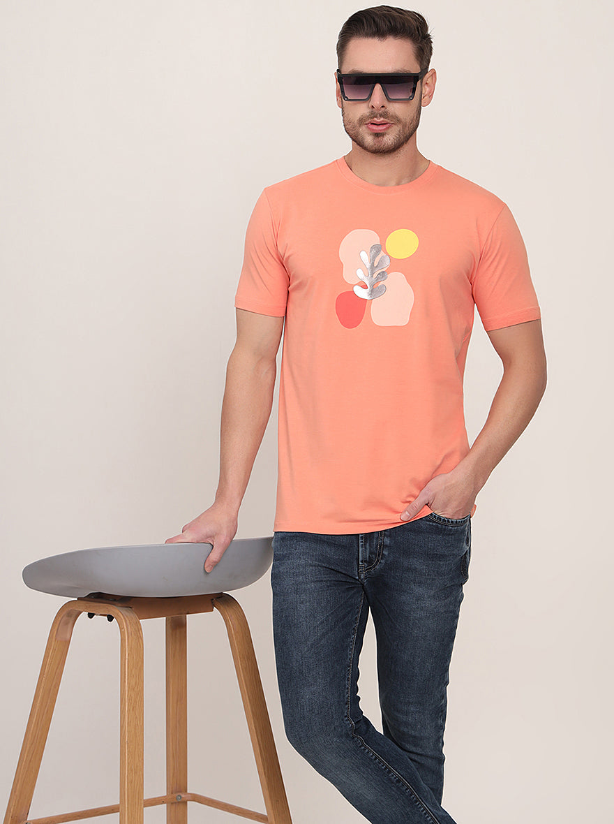 Peach Printed Slim Fit T-Shirt | pehervi