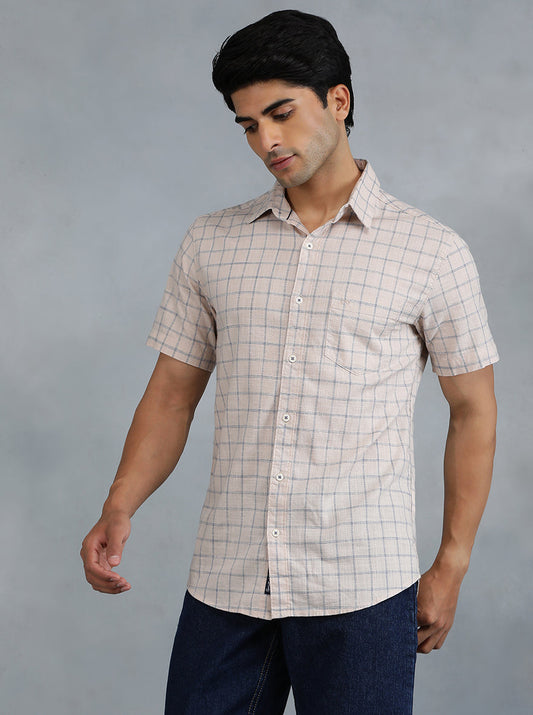 Peach Checked Slim Fit Casual Shirt | pehervi