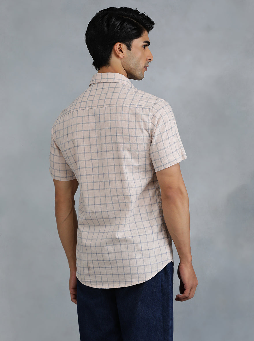Peach Checked Slim Fit Casual Shirt | pehervi