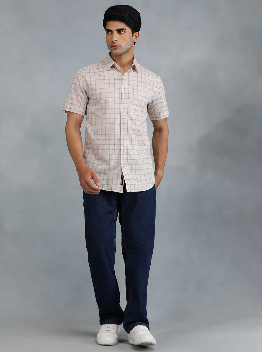 Peach Checked Slim Fit Casual Shirt | pehervi