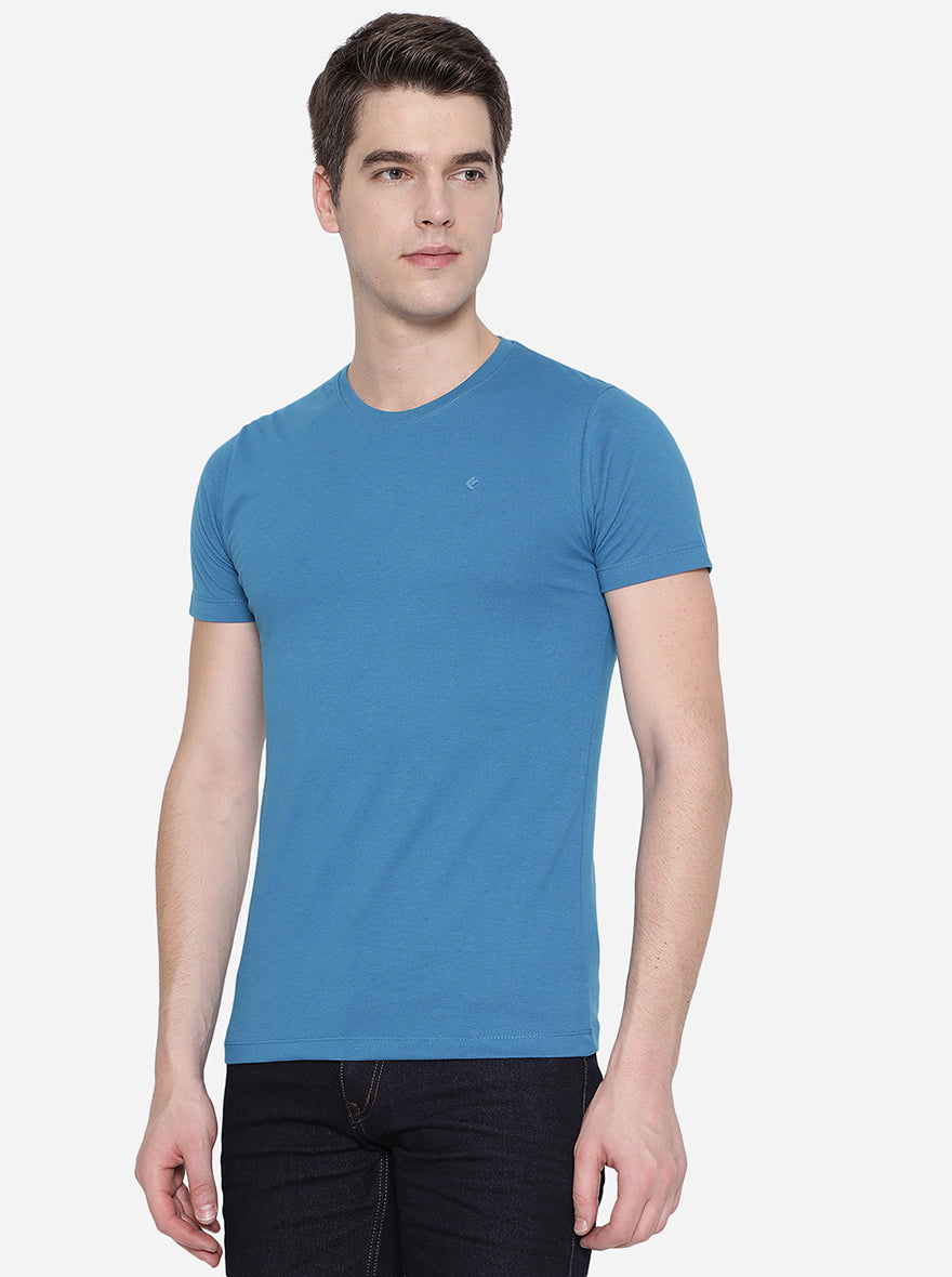 Seaport Blue Solid Slim Fit T-Shirt | pehervi