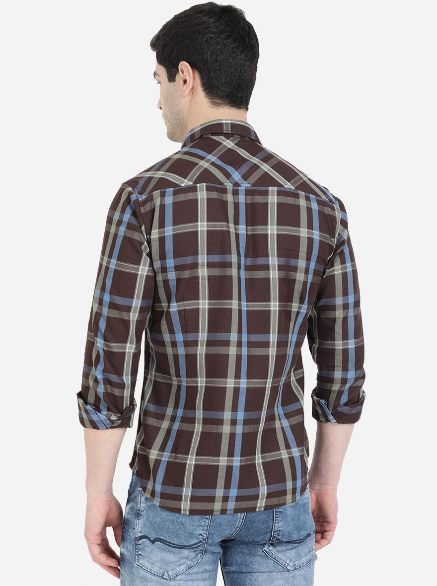Brown Checked Slim Fit Semi Casual Shirt | Pehervi