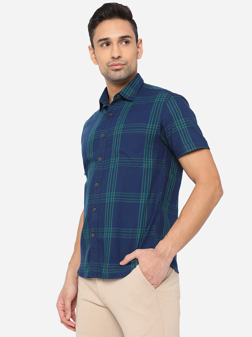 Colonial Blue Checked Slim Fit Semi Casual Shirt | Pehervi
